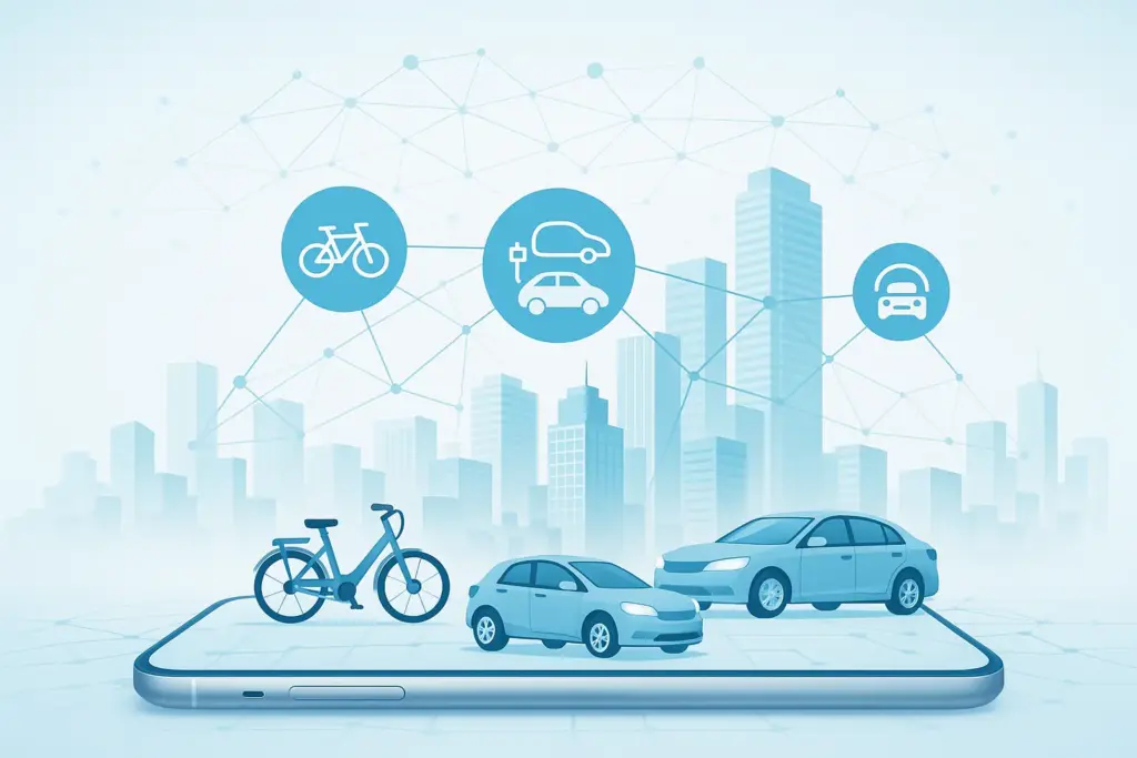 Smart city mobility marketplace — electric cars and e-bikes connected through a smartphone platform.
