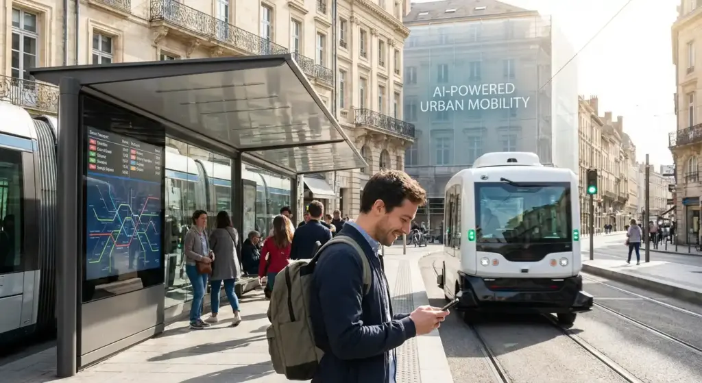 Urban mobility ecosystem — shared e-bike, EV car charging, city bus, and smartphone navigation in modern city.