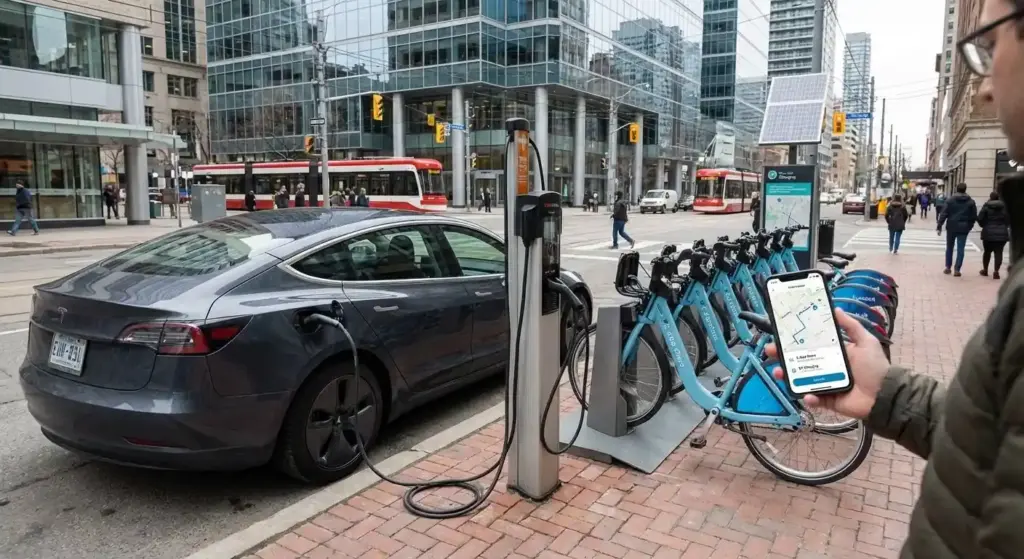 Urban mobility ecosystem — shared e-bike, EV car charging, city bus, and smartphone navigation in modern city.