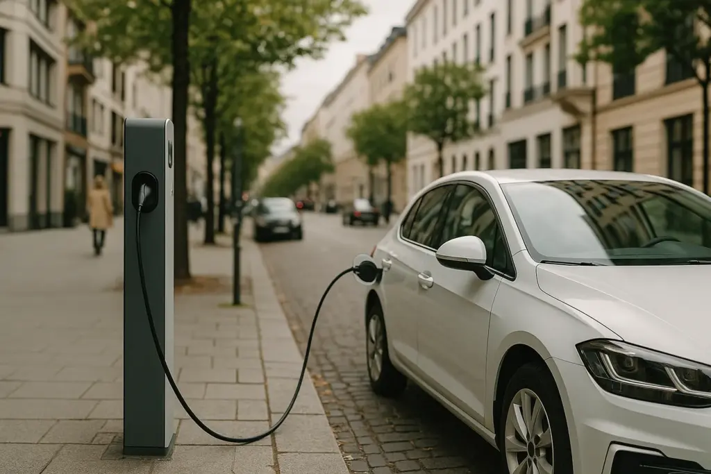 Electric car charging at a city EV station on a modern European street.