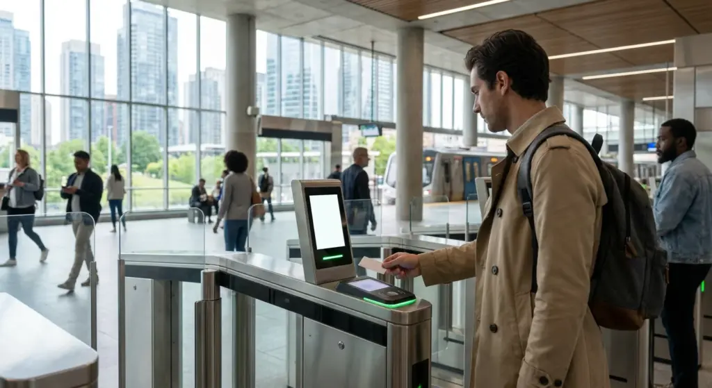 Urban public transport scene showing a commuter tapping a contactless card at a metro gate in a modern city.