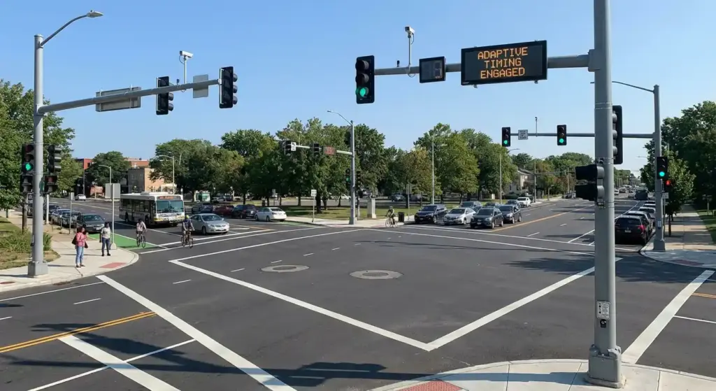 Smart traffic light system at a busy city intersection, using sensors and adaptive timing to reduce congestion and keep vehicles moving smoothly.